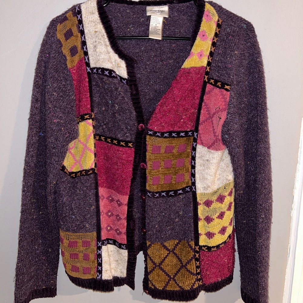 purple cardigan with patches